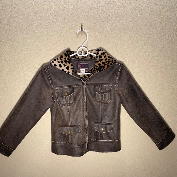 Dollhouse Fuzzy Leopard Lined Faux Leather Crop Hooded front Pocket Jacket - Picture 2 of 4